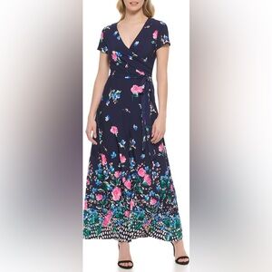 NEW Eliza J Navy Floral faux Wrap Maxi Dress